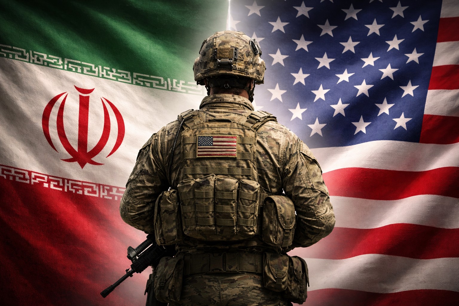 Ilustração gerada por IA com soldado de costas entre as bandeiras dos Estados Unidos e do Irã.