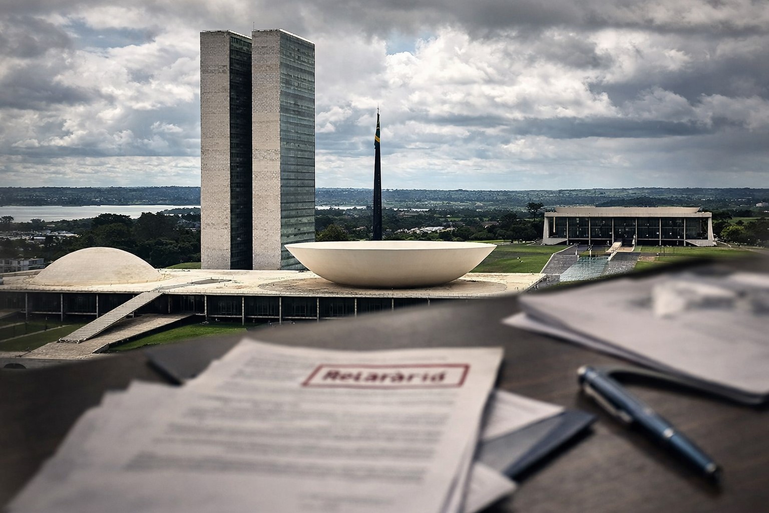 Montagem fotográfica ultrarrealista do Congresso Nacional em Brasília sob céu nublado, com documentos desfocados em primeiro plano representando investigação institucional.