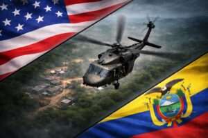 Helicóptero militar sobrevoa área isolada próxima a Guayaquil, com bandeiras dos Estados Unidos e do Equador em composição diagonal, simbolizando operações conjuntas contra o narcoterrorismo.