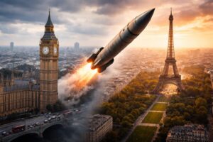 Montagem fotográfica mostra Londres com o Big Ben e Paris com a Torre Eiffel, unidas por efeito de transição, com um míssil balístico sobreposto no céu.