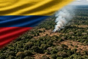 Montagem mostra bandeira da Colômbia em destaque e, ao lado, área de mata com foco de fumaça representando local de queda de avião.