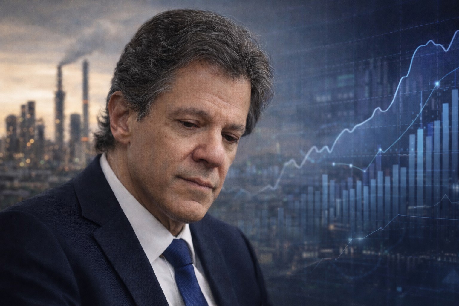 Montagem fotográfica ilustrativa mostra o ministro da Fazenda, Fernando Haddad, diante de cenário que combina refinaria de petróleo e gráficos econômicos. Imagem gerada por inteligência artificial para contextualizar reportagem sobre medidas fiscais relacionadas ao diesel.