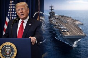 Montagem gerada por IA mostra Donald Trump discursando na Casa Branca e porta-aviões em alto-mar.