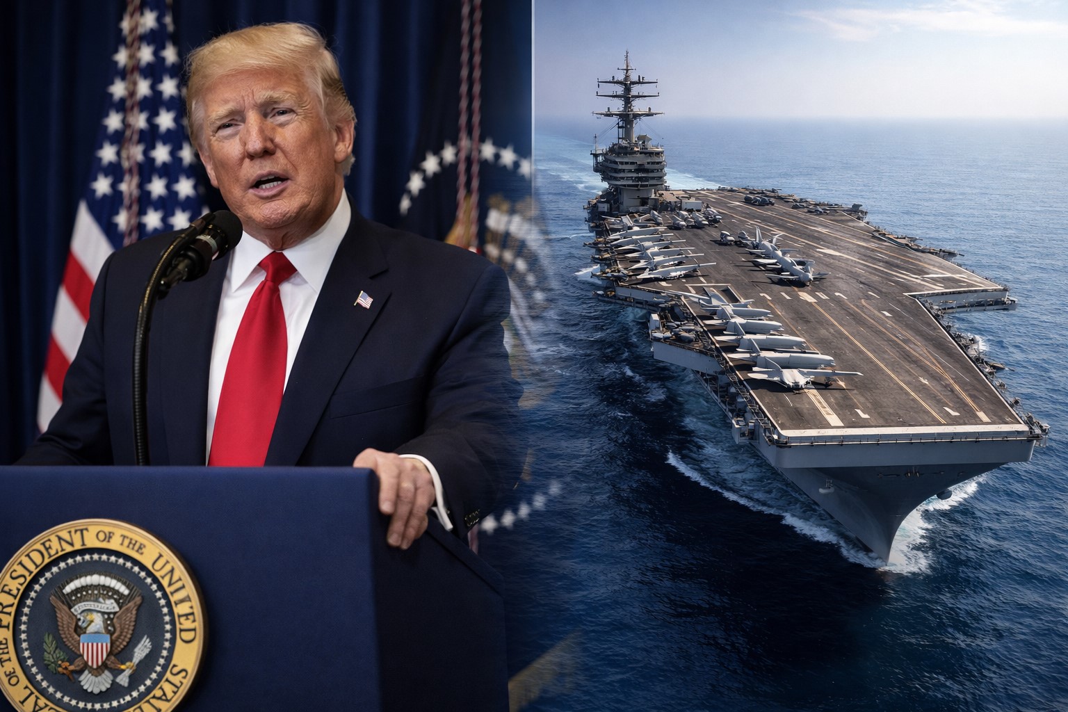 Montagem gerada por IA mostra Donald Trump discursando na Casa Branca e porta-aviões em alto-mar.