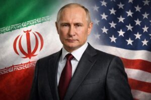 Montagem ilustrativa mostra o presidente russo Vladimir Putin sobreposto entre trechos das bandeiras do Irã e dos Estados Unidos, em referência ao papel de mediação diplomática no contexto das tensões no Oriente Médio.