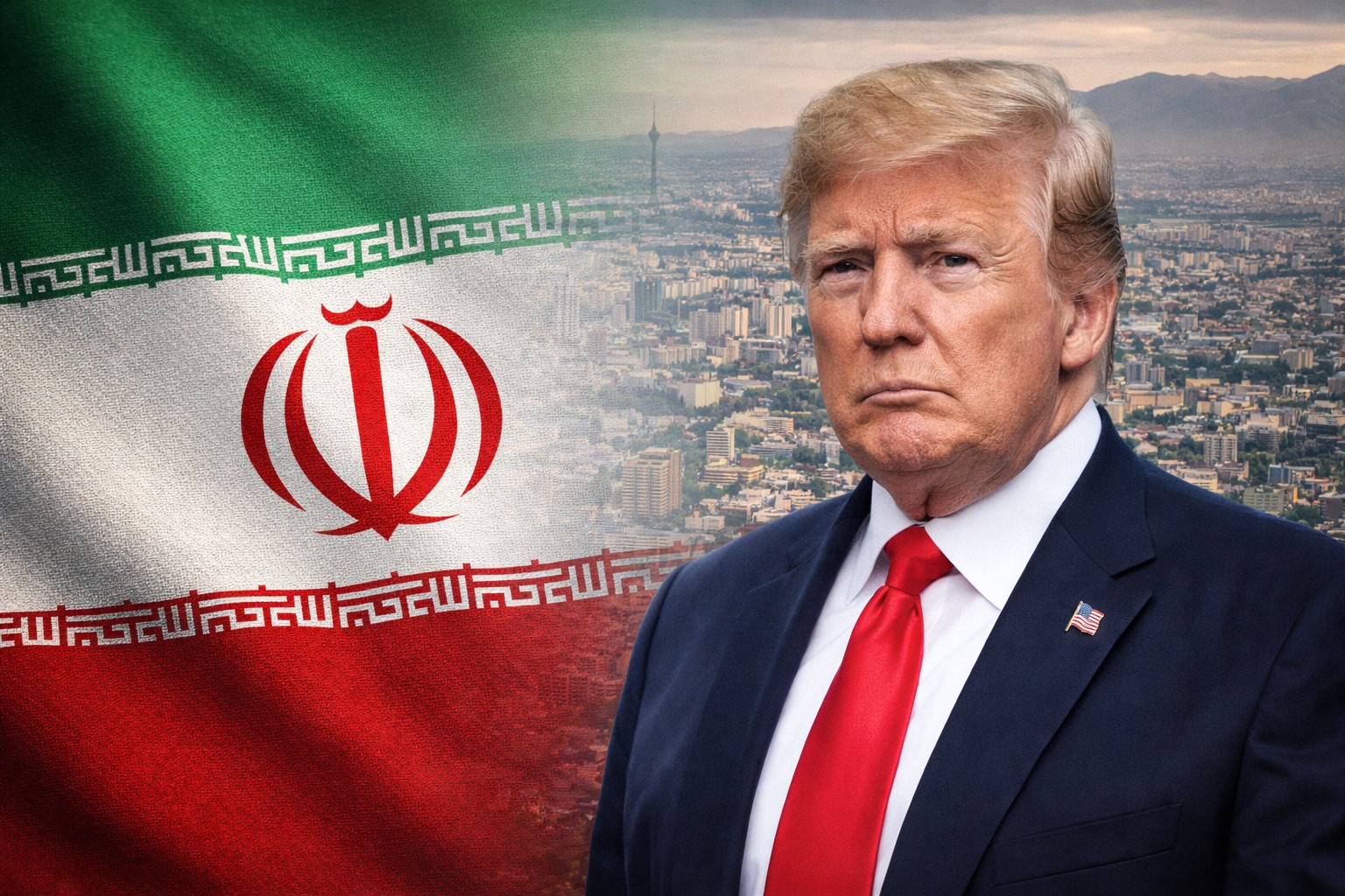 Imagem ilustrativa gerada por inteligência artificial mostra a bandeira do Irã mesclada com uma vista semiaérea de Teerã, com o busto de Donald Trump em primeiro plano.