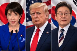 Montagem fotográfica gerada por inteligência artificial mostra Sanae Takaichi, Donald Trump e Lee Jae-myung diante das bandeiras de Japão, Estados Unidos e Coreia do Sul.