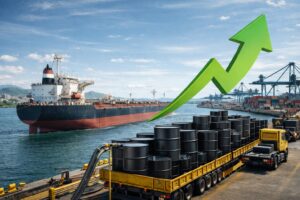 Imagem ilustrativa gerada por inteligência artificial mostra um navio petroleiro atracado em um porto durante descarregamento de barris, com símbolo gráfico de alta representando a valorização do petróleo.