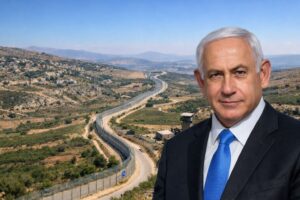 magem gerada por IA mostra Benjamin Netanyahu em primeiro plano com vista semiaérea da Linha Azul entre Israel e Líbano ao fundo.