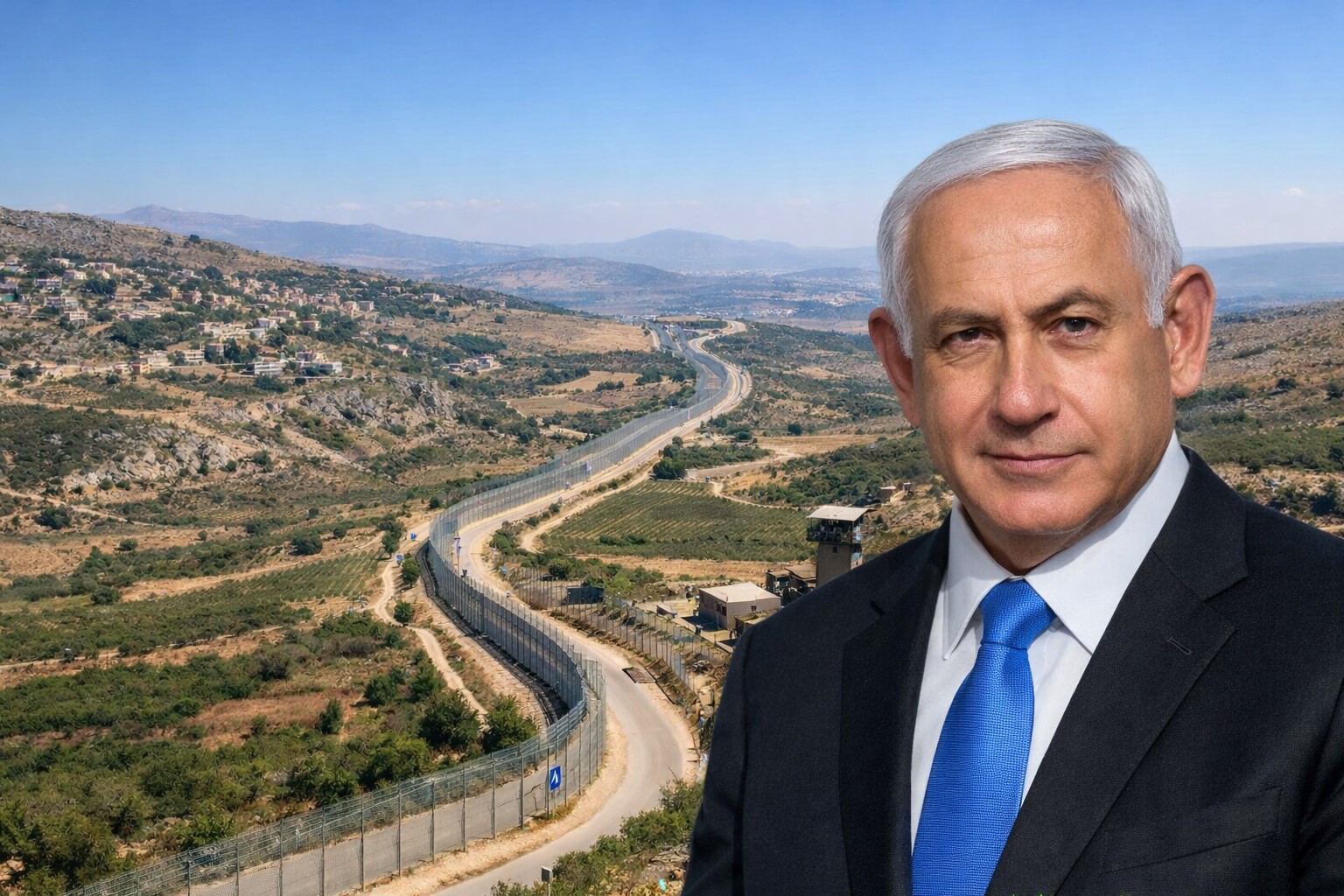 magem gerada por IA mostra Benjamin Netanyahu em primeiro plano com vista semiaérea da Linha Azul entre Israel e Líbano ao fundo.