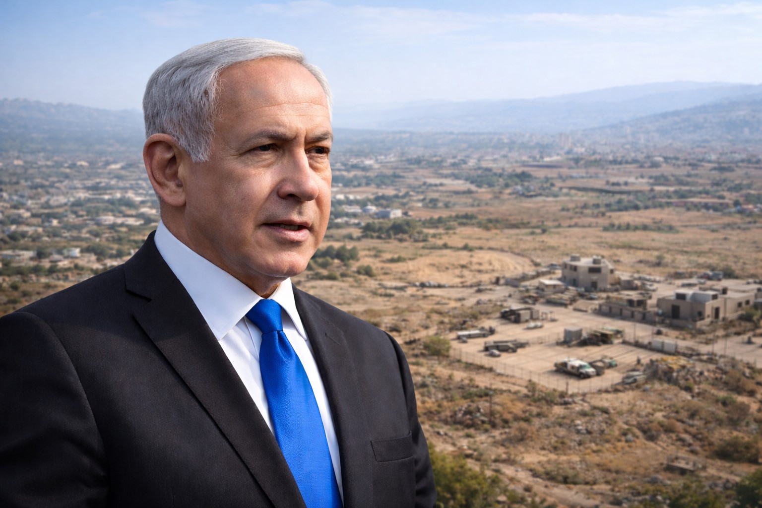 Imagem gerada por IA representando Benjamin Netanyahu com vista semiaérea de região afastada de Beirute ao fundo.