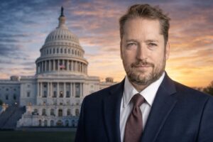 Retrato de Darren Beattie em frente ao Capitólio dos Estados Unidos ao entardecer, em montagem fotográfica usada para ilustrar notícia sobre o assessor ligado ao governo Trump.