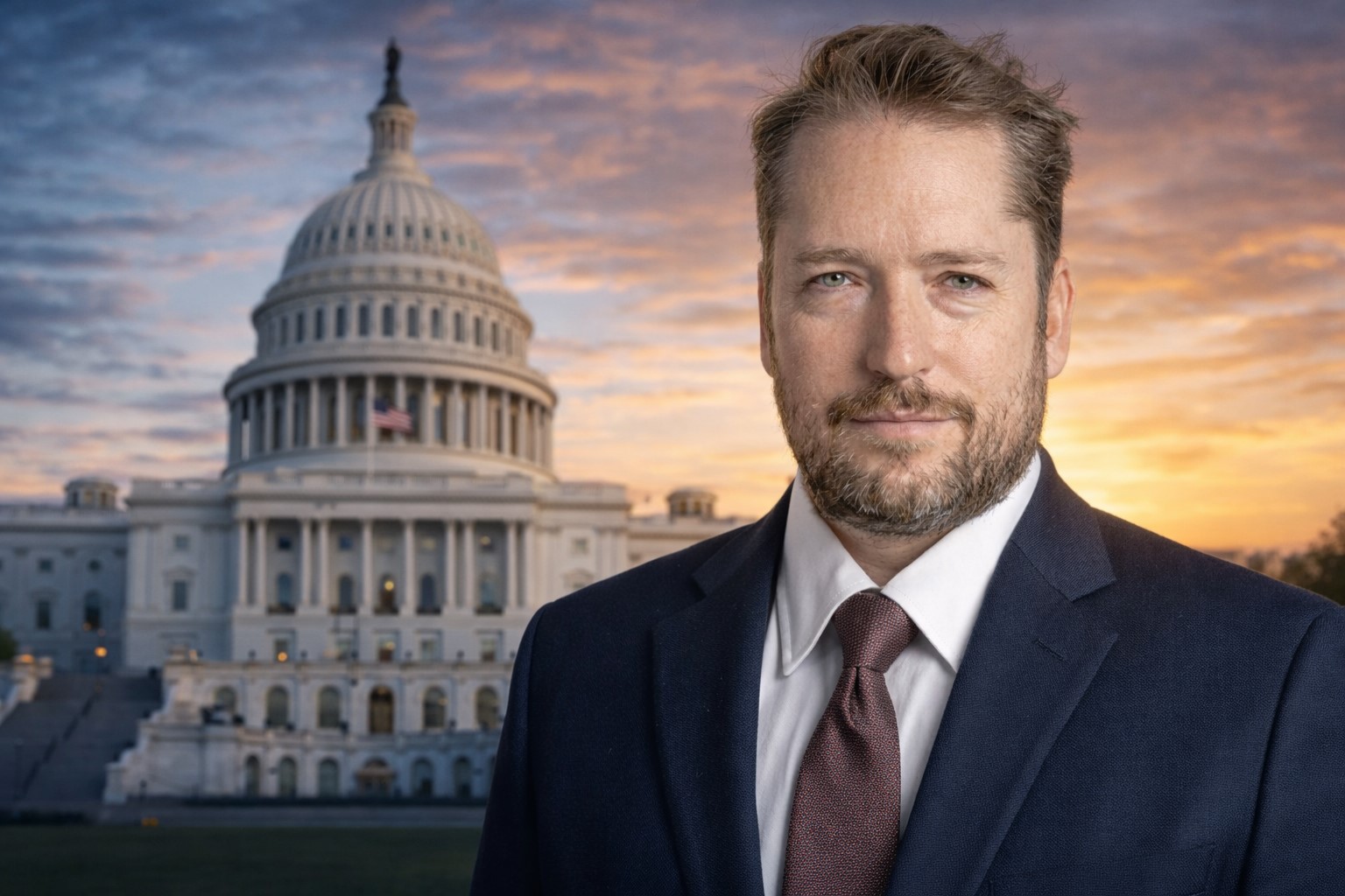 Retrato de Darren Beattie em frente ao Capitólio dos Estados Unidos ao entardecer, em montagem fotográfica usada para ilustrar notícia sobre o assessor ligado ao governo Trump.