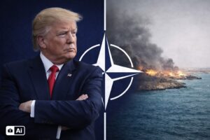 Montagem fotográfica ultra-realista mostra Donald Trump de braços cruzados diante do símbolo da OTAN, com cenário de conflito no Golfo Pérsico ao fundo. Imagem gerada por inteligência artificial para contextualização jornalística.