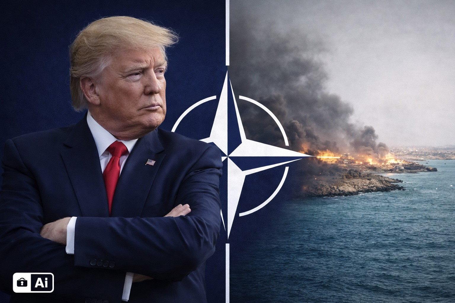 Montagem fotográfica ultra-realista mostra Donald Trump de braços cruzados diante do símbolo da OTAN, com cenário de conflito no Golfo Pérsico ao fundo. Imagem gerada por inteligência artificial para contextualização jornalística.
