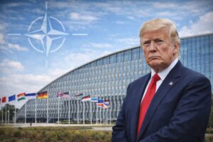 Imagem ilustrativa de Donald Trump com a sede da OTAN em Bruxelas ao fundo, em cenário diplomático.