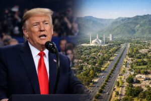 Donald Trump discursando em púlpito durante coletiva de imprensa ao lado de vista aérea de Islamabad, capital do Paquistão