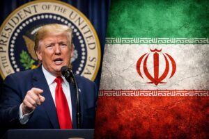 Montagem gerada por IA mostra Donald Trump discursando em púlpito oficial à esquerda e bandeira do Irã com textura ao lado direito, simbolizando tensão entre os países.