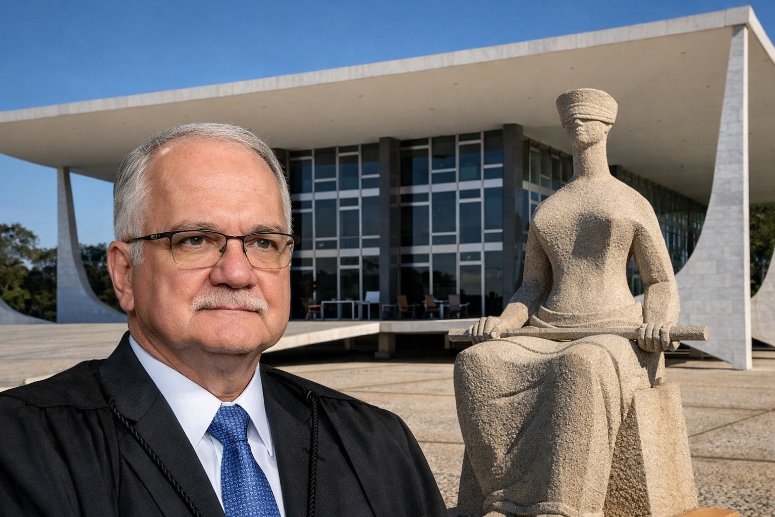 Montagem fotográfica em ultra-realismo do ministro Edson Fachin diante do prédio do STF e da estátua da Justiça, imagem gerada por inteligência artificial para contextualização jornalística.