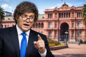 Imagem gerada por IA representando Javier Milei discursando com a Casa Rosada ao fundo.