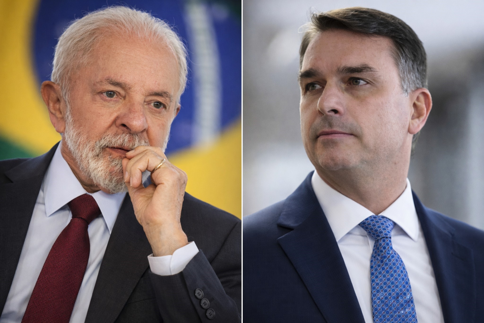 Montagem fotográfica ultra-realista mostra Luiz Inácio Lula da Silva à esquerda e Flávio Bolsonaro à direita, separados por uma linha branca central, em imagem gerada por inteligência artificial com base em registros reais.