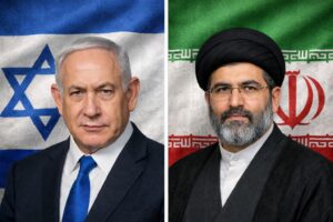 Montagem fotográfica gerada por inteligência artificial mostra Benjamin Netanyahu e Mojtaba Khamenei diante das bandeiras de Israel e do Irã, usada para ilustrar notícia sobre tensões entre os países.