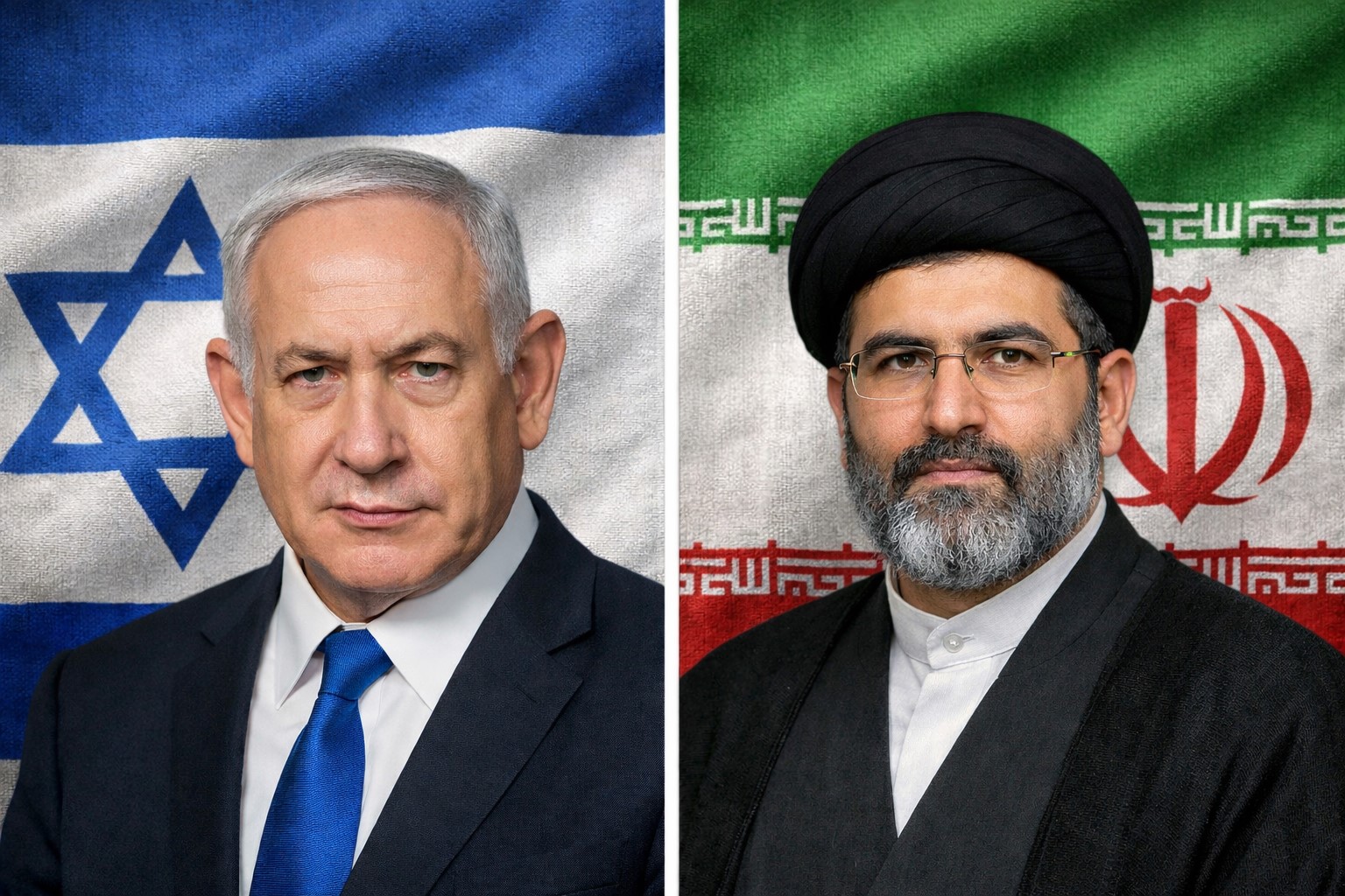 Montagem fotográfica gerada por inteligência artificial mostra Benjamin Netanyahu e Mojtaba Khamenei diante das bandeiras de Israel e do Irã, usada para ilustrar notícia sobre tensões entre os países.