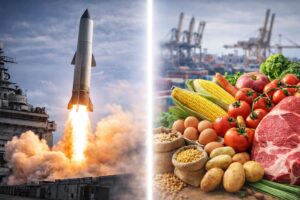 Montagem ilustrativa mostra lançamento de míssil de um navio e, ao lado, alimentos do agronegócio em porto, simbolizando impacto da guerra nos preços.