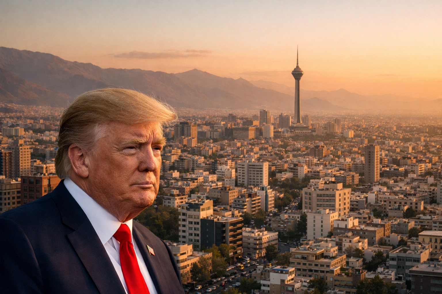 Vista de Teerã ao entardecer com retrato de Donald Trump em primeiro plano.