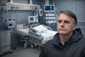 Imagem mostra figura que representa Jair Bolsonaro sobreposta a um ambiente de UTI hospitalar com equipamentos médicos ao fundo.