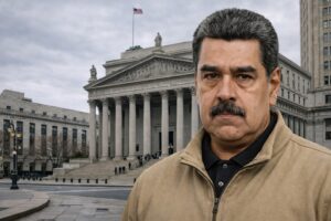 Montagem fotográfica ultra-realista mostra o busto de Nicolás Maduro em sobreposição ao Tribunal do Distrito Sul de Nova York, em cena diurna e nublada, para contextualização jornalística.