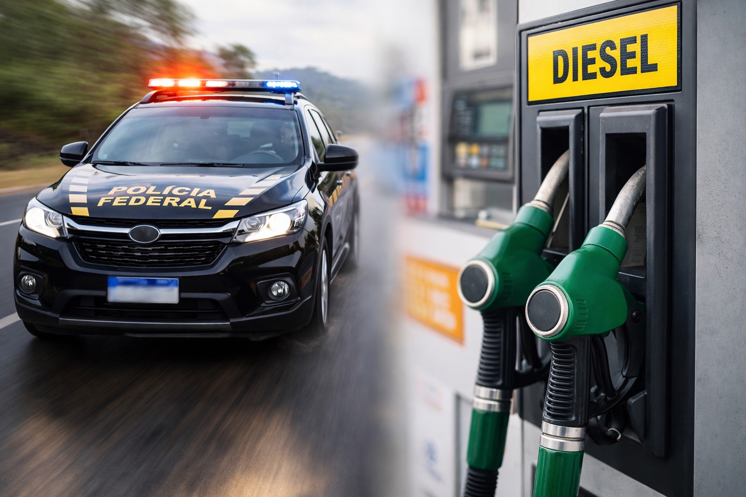 Imagem gerada por IA mostra viatura da Polícia Federal em movimento e bomba de diesel em posto de combustível, em composição ilustrativa.