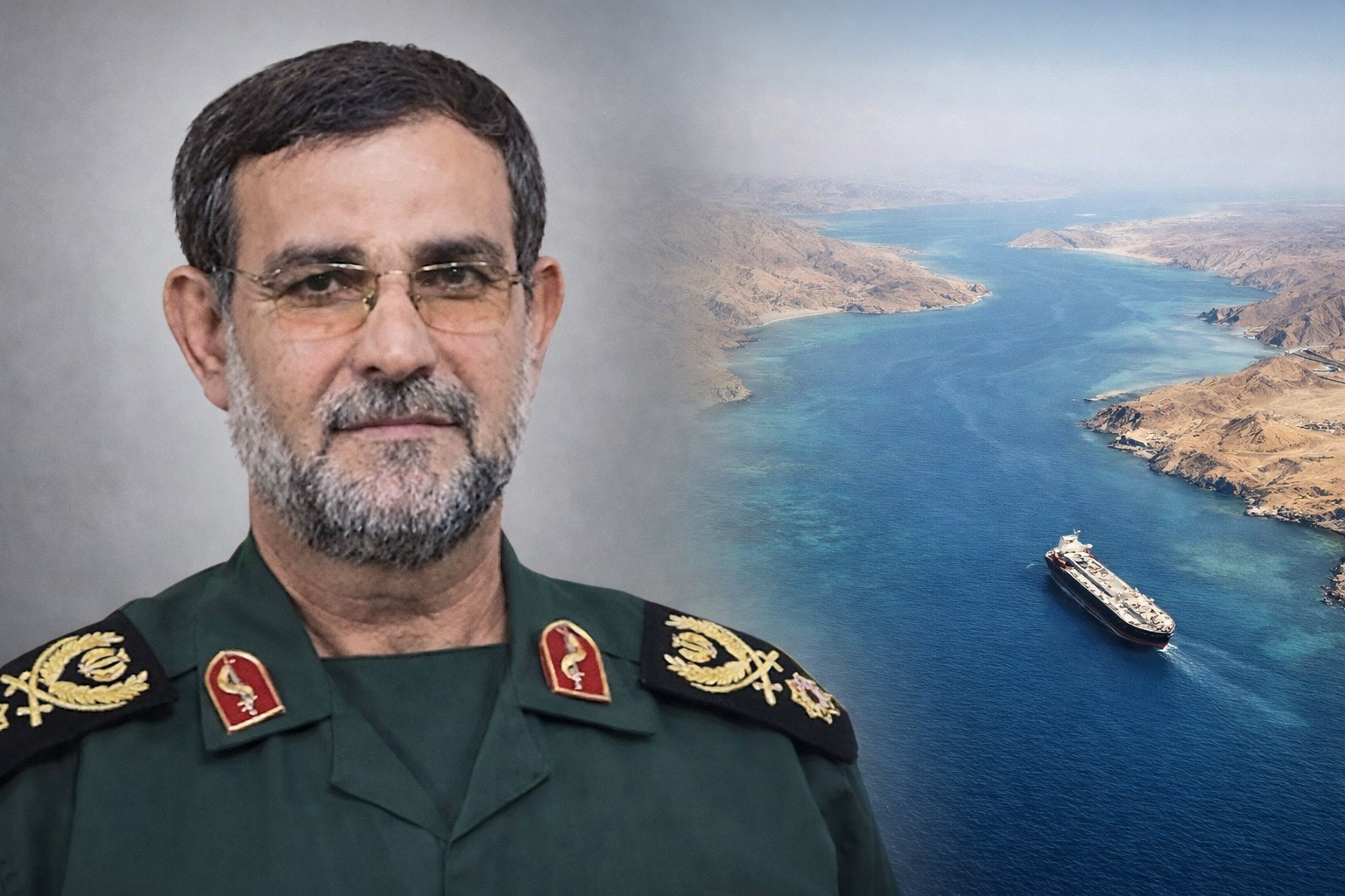 Retrato de comandante iraniano com vista do Estreito de Ormuz ao fundo.