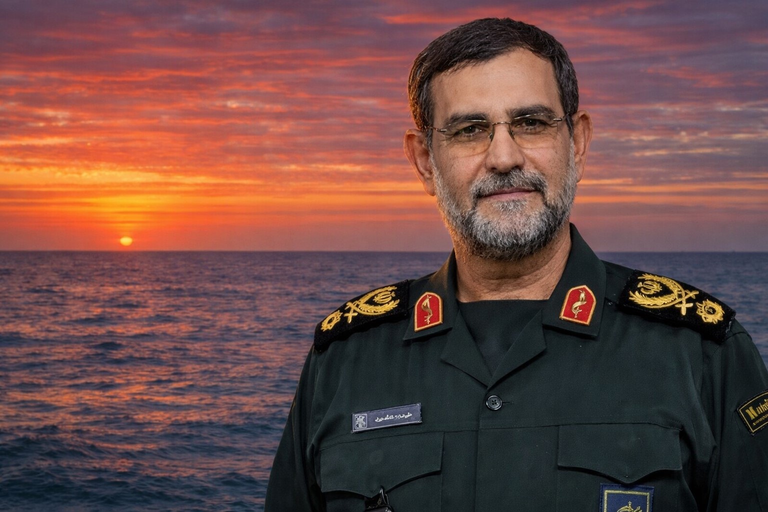 Montagem fotográfica ultra-realista mostra o comandante naval iraniano Alireza Tangsiri em destaque sobre um cenário marítimo ao entardecer, representando o Estreito de Ormuz.