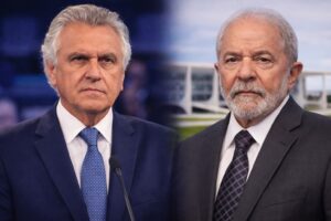 Montagem mostra Ronaldo Caiado e Lula em cenário político dividido.