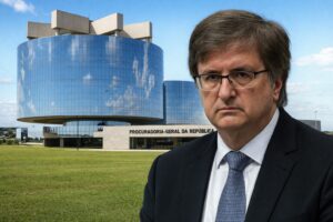 Montagem mostra o procurador-geral da República, Paulo Gonet, em primeiro plano, com a sede da Procuradoria-Geral da República em Brasília ao fundo.