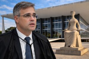 Imagem gerada por inteligência artificial representando o ministro do STF André Mendonça em frente à sede do Supremo Tribunal Federal, em Brasília.