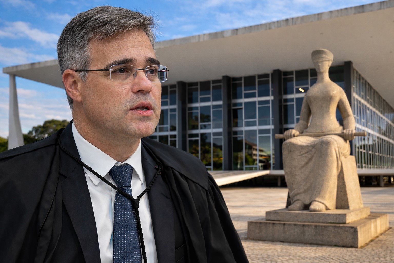 Imagem gerada por inteligência artificial representando o ministro do STF André Mendonça em frente à sede do Supremo Tribunal Federal, em Brasília.