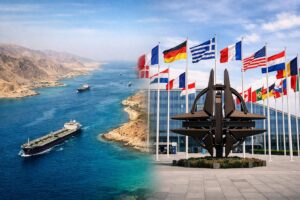 Imagem dividida mostrando o Estreito de Ormuz com navios petroleiros e, ao lado, a sede da OTAN em Bruxelas com bandeiras de países membros, representando ação internacional sobre a rota estratégica.