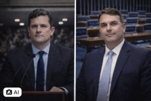 Montagem com Sergio Moro à esquerda em ambiente institucional e Flávio Bolsonaro à direita em cenário semelhante ao Senado, representando articulação política.