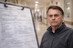 Montagem fotográfica mostra Jair Bolsonaro em primeiro plano com casaco cinza, tendo ao fundo desfocado um corredor hospitalar e um boletim médico, simbolizando seu estado de saúde após saída da UTI.