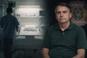Montagem fotográfica ilustrativa mostra um leito de UTI hospitalar e o ex-presidente Jair Bolsonaro em retrato, usada para contextualizar notícia sobre sua internação por pneumonia.