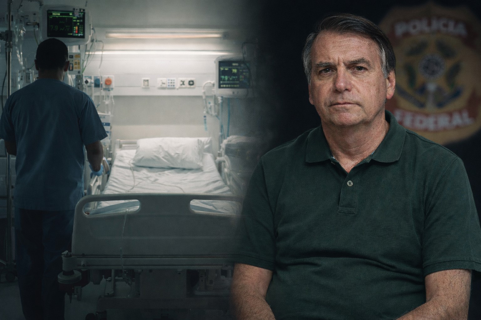 Montagem fotográfica ilustrativa mostra um leito de UTI hospitalar e o ex-presidente Jair Bolsonaro em retrato, usada para contextualizar notícia sobre sua internação por pneumonia.