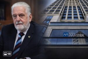 Montagem fotográfica gerada por inteligência artificial mostra, à esquerda, representação de figura pública em ambiente institucional e, à direita, a fachada do Banco Master, utilizada para ilustrar contexto jornalístico.