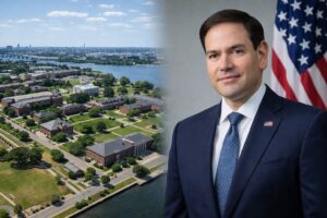 Montagem fotográfica com base militar dos Estados Unidos e retrato de Marco Rubio, representando contexto de segurança e governo.
