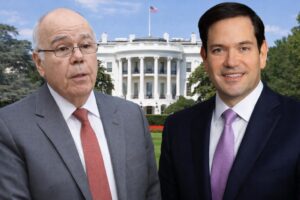 Montagem fotográfica gerada por inteligência artificial mostra Mauro Vieira e Marco Rubio diante da Casa Branca, representando contexto diplomático entre Brasil e Estados Unidos.