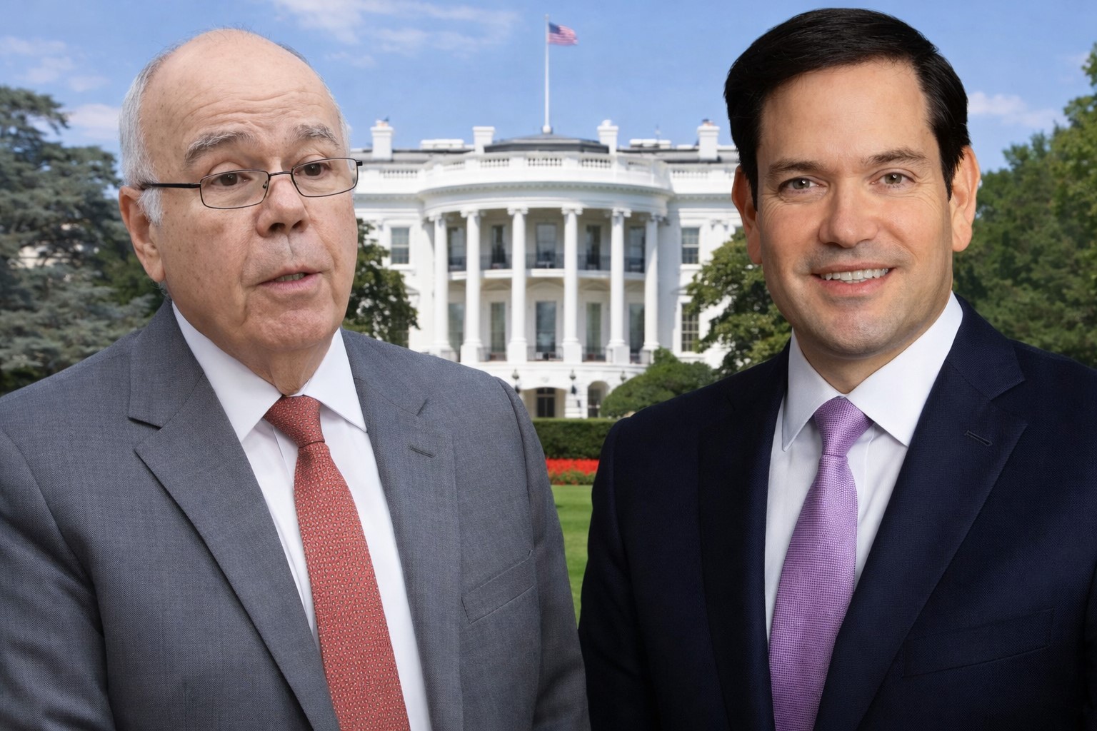 Montagem fotográfica gerada por inteligência artificial mostra Mauro Vieira e Marco Rubio diante da Casa Branca, representando contexto diplomático entre Brasil e Estados Unidos.
