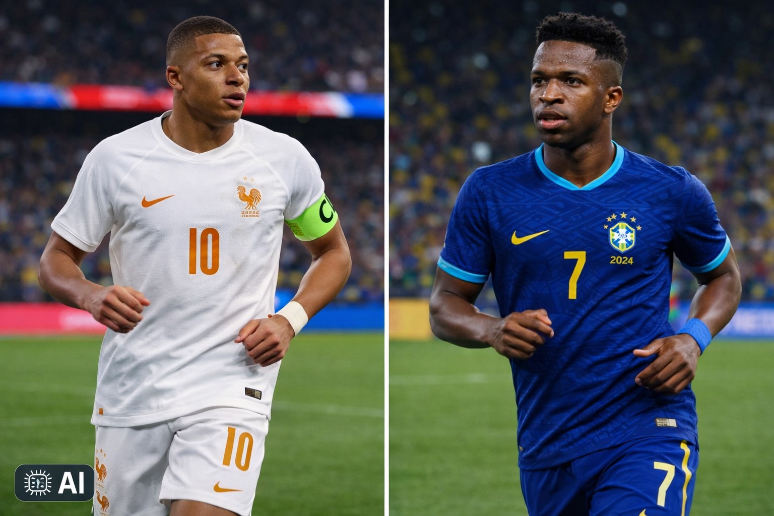 Montagem fotográfica ultrarrealista de Vinícius Júnior e Kylian Mbappé em campo, divididos ao meio, representando Brasil e França.