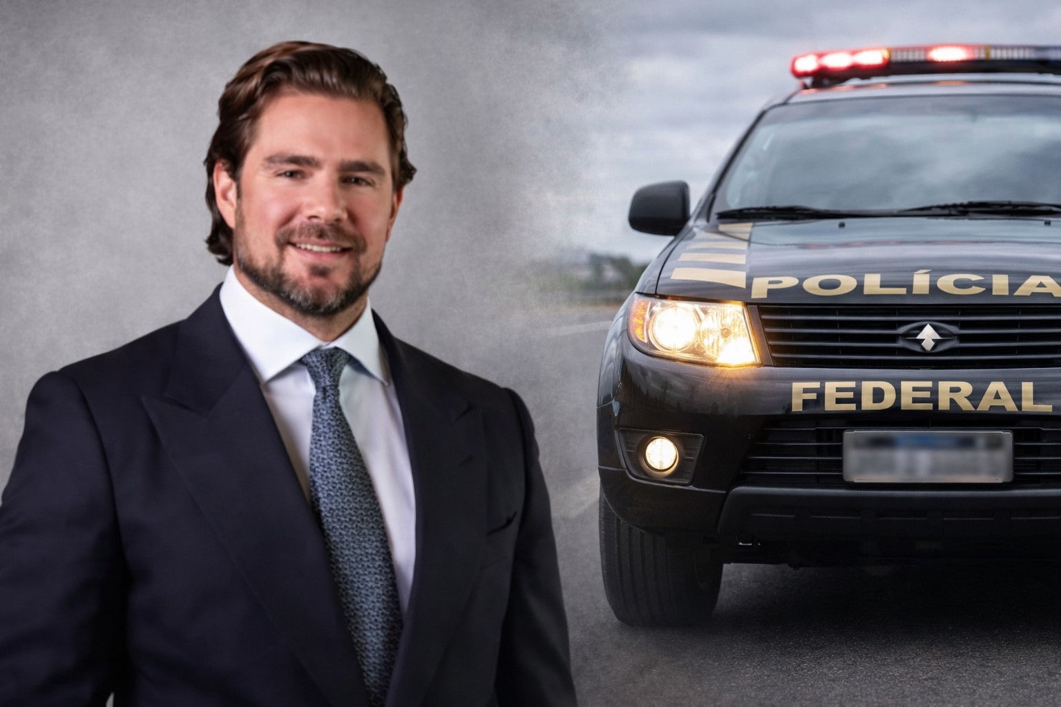 Imagem gerada por IA mostra Daniel Vorcaro e viatura da Polícia Federal em composição simbólica.