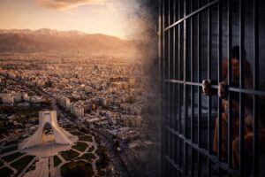 Imagem gerada por IA mostra Teerã ao entardecer e grade de prisão em composição simbólica.